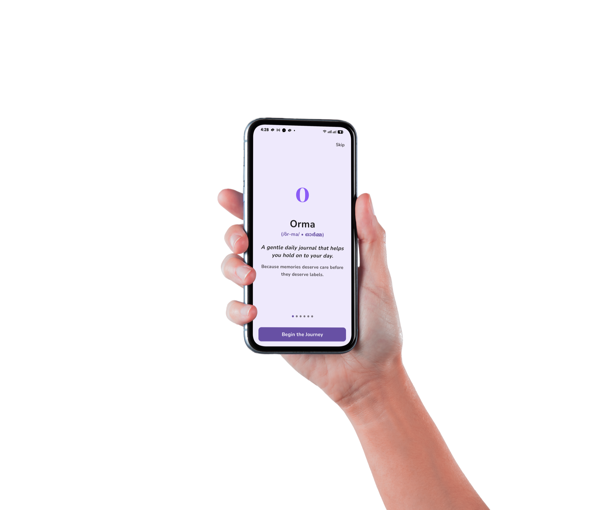 Smartphone held in hand displaying the ORMA memory sanctuary interface